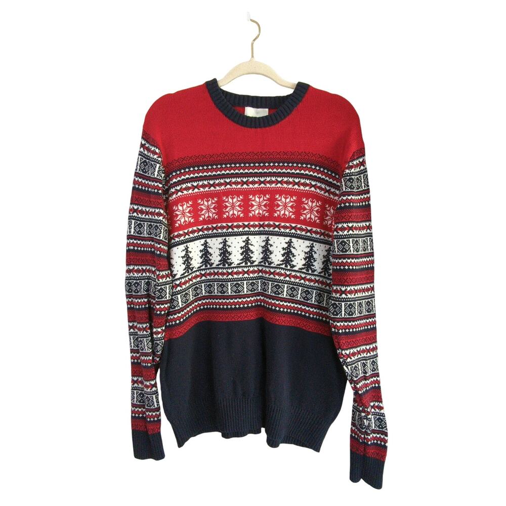 Aspen Sweater Mens Large Red Fair Isle Cotton Nordic Christmas Crew Neck‎